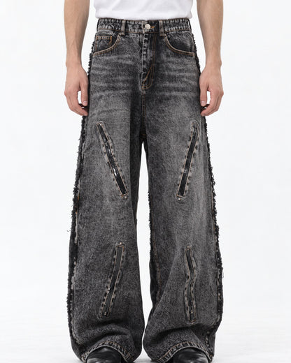 Frayed-Seam Zip-Pocket Wide-Leg Jeans