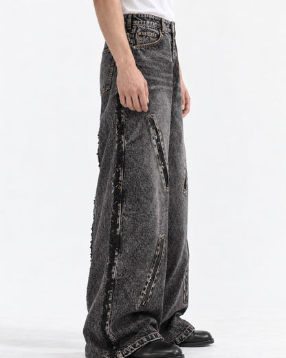 Frayed-Seam Zip-Pocket Wide-Leg Jeans