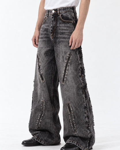 Frayed-Seam Zip-Pocket Wide-Leg Jeans