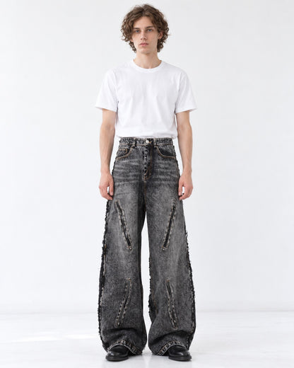 Frayed-Seam Zip-Pocket Wide-Leg Jeans