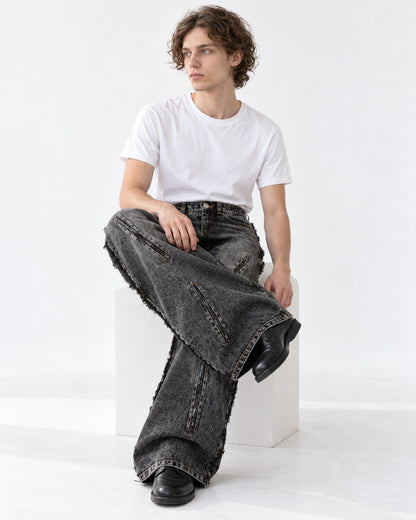 Frayed-Seam Zip-Pocket Wide-Leg Jeans