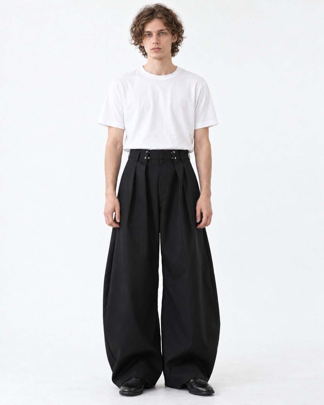 Twin-Snap Waist Pinstripe Balloon Trousers