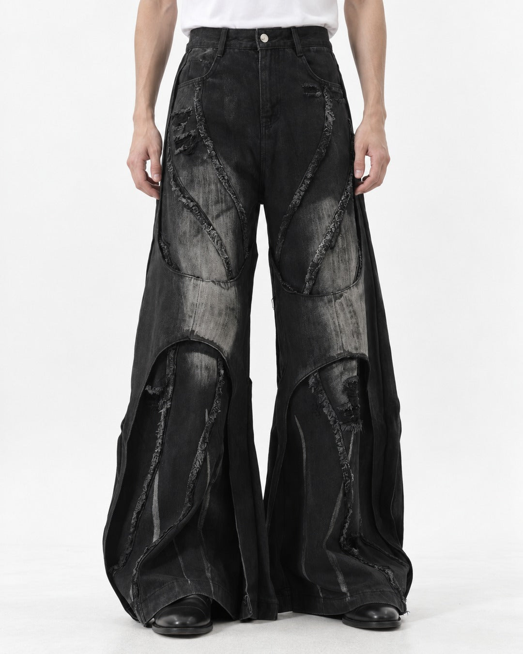 Patchwork Frayed-Seam Wide-Leg Jeans