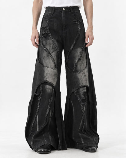 Patchwork Frayed-Seam Wide-Leg Jeans