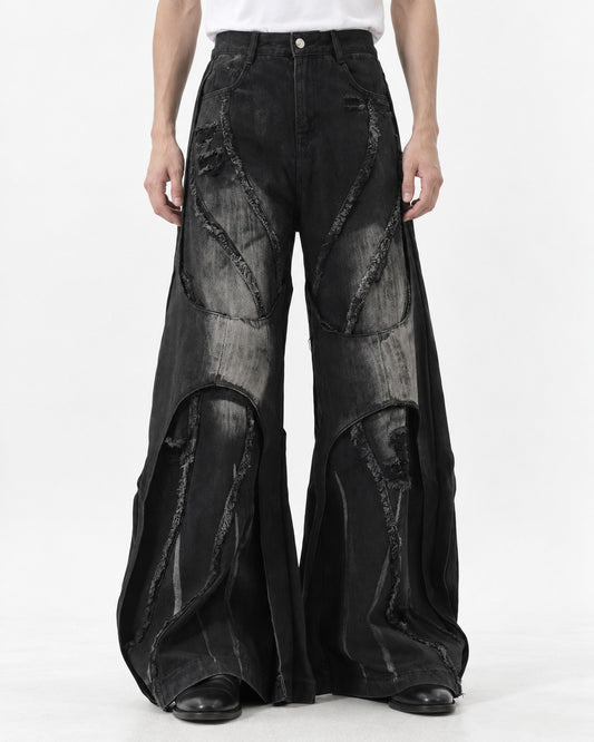 Patchwork Frayed-Seam Wide-Leg Jeans