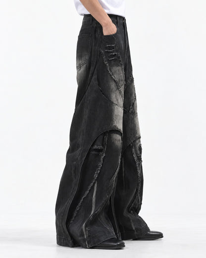 Patchwork Frayed-Seam Wide-Leg Jeans