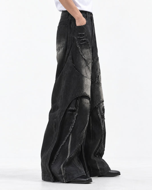 Patchwork Frayed-Seam Wide-Leg Jeans