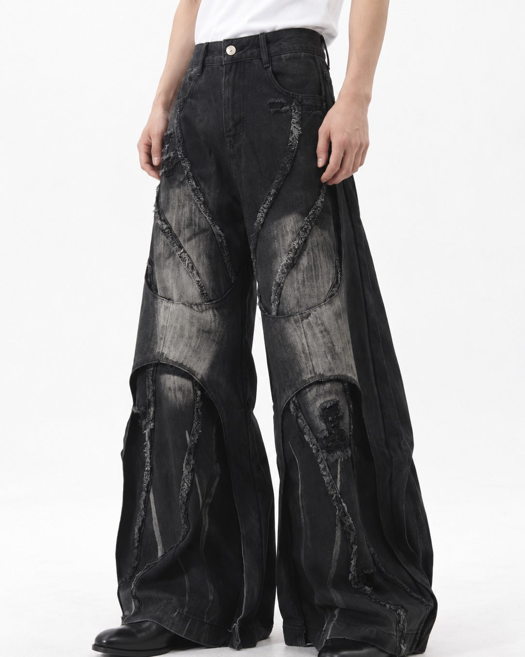 Patchwork Frayed-Seam Wide-Leg Jeans