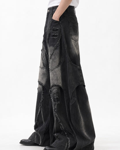 Patchwork Frayed-Seam Wide-Leg Jeans