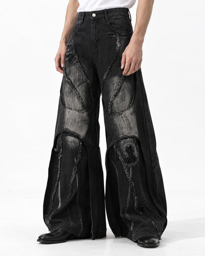 Patchwork Frayed-Seam Wide-Leg Jeans