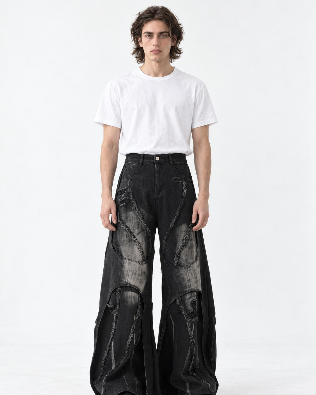 Patchwork Frayed-Seam Wide-Leg Jeans