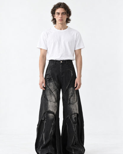 Patchwork Frayed-Seam Wide-Leg Jeans