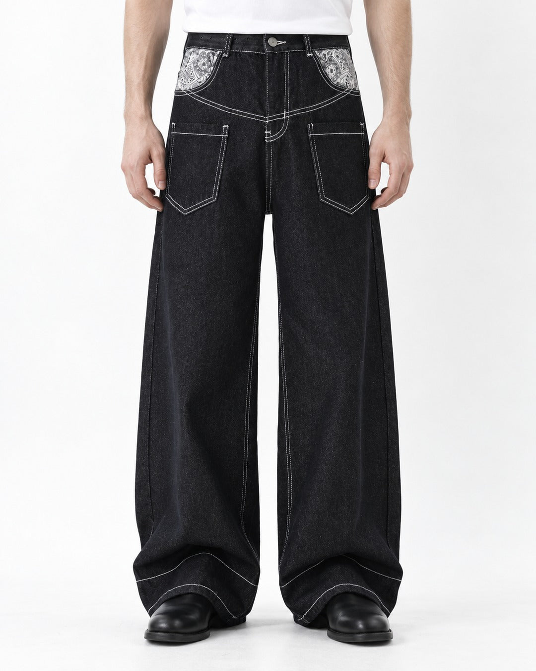 Contrast-Stitch Paisley-Pocket Wide-Leg Pants