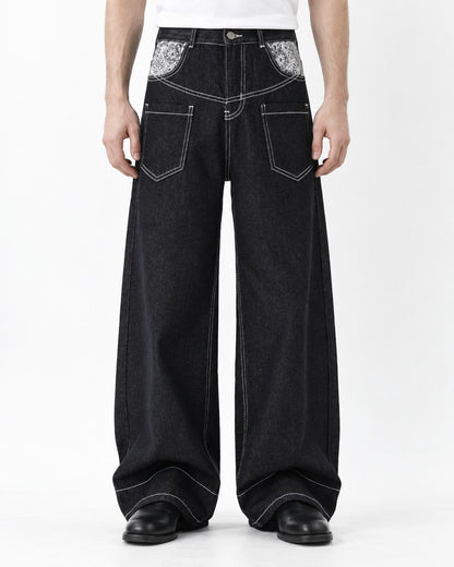 Contrast-Stitch Paisley-Pocket Wide-Leg Pants