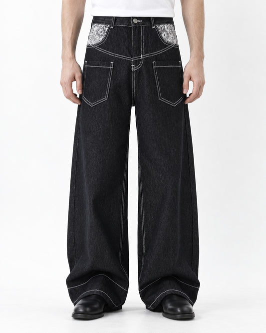 Contrast-Stitch Paisley-Pocket Wide-Leg Pants