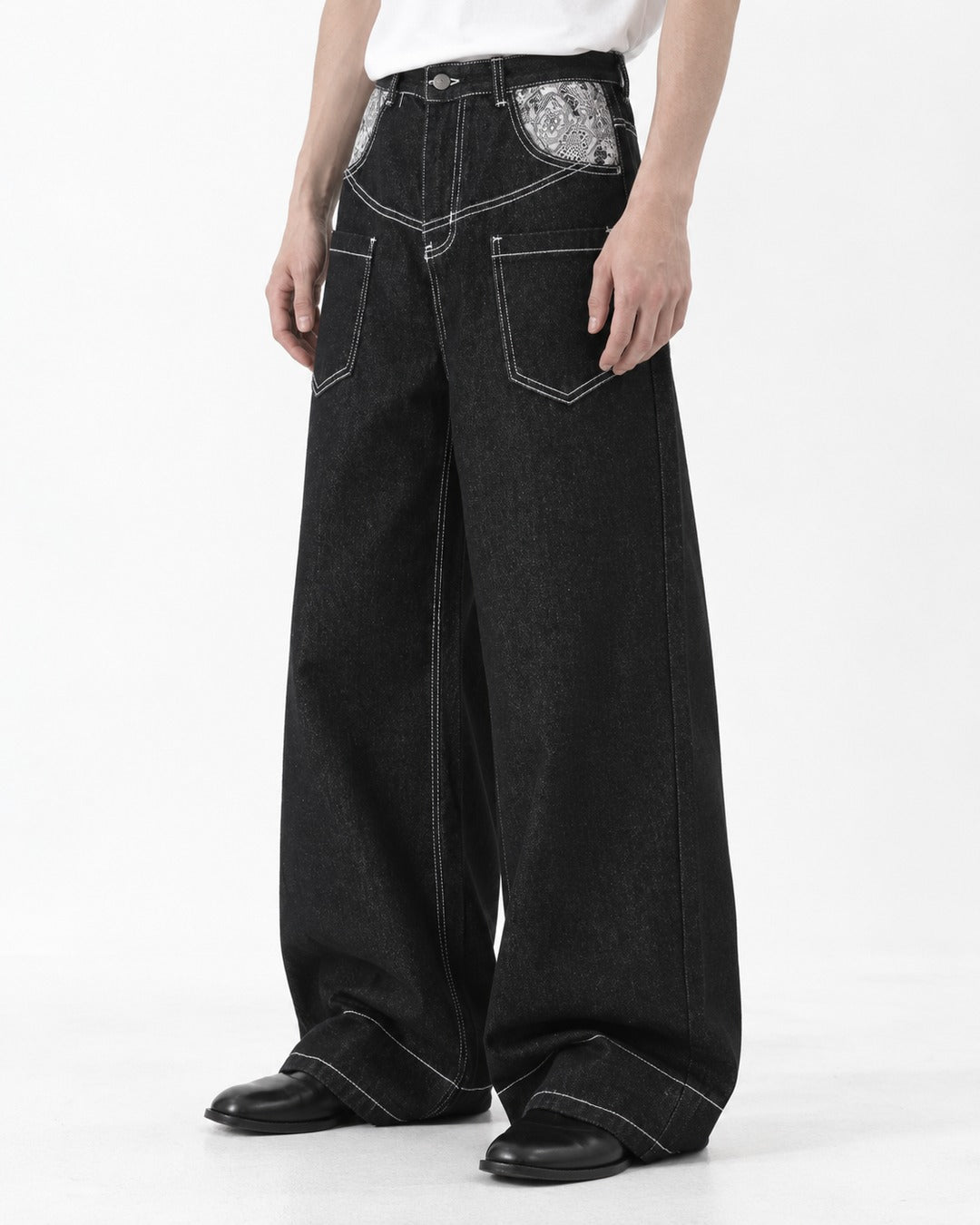 Contrast-Stitch Paisley-Pocket Wide-Leg Pants