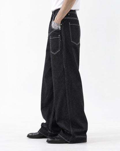 Contrast-Stitch Paisley-Pocket Wide-Leg Pants