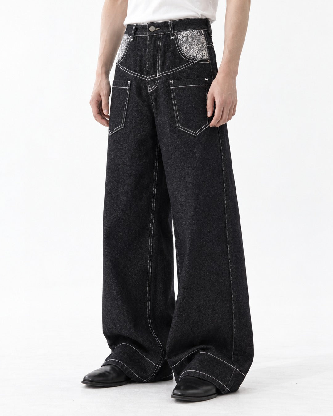 Contrast-Stitch Paisley-Pocket Wide-Leg Pants