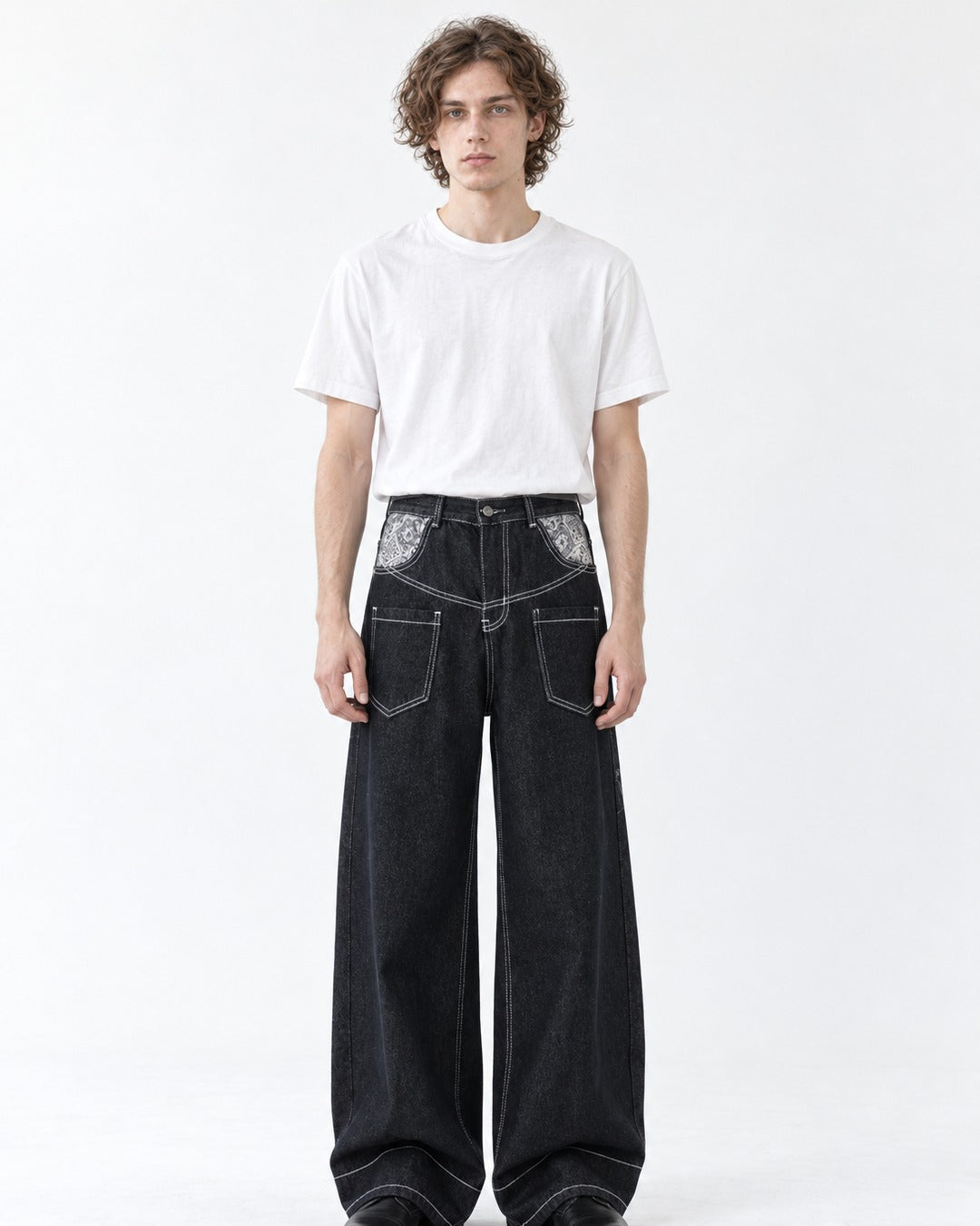 Contrast-Stitch Paisley-Pocket Wide-Leg Pants