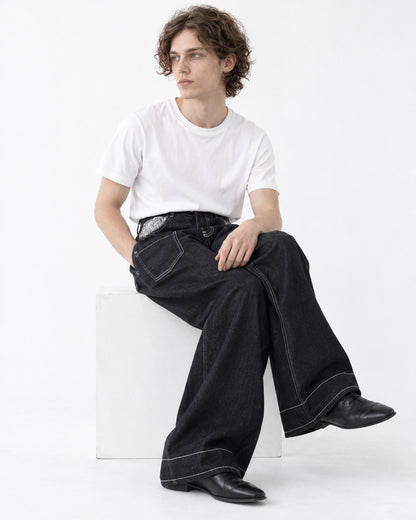 Contrast-Stitch Paisley-Pocket Wide-Leg Pants