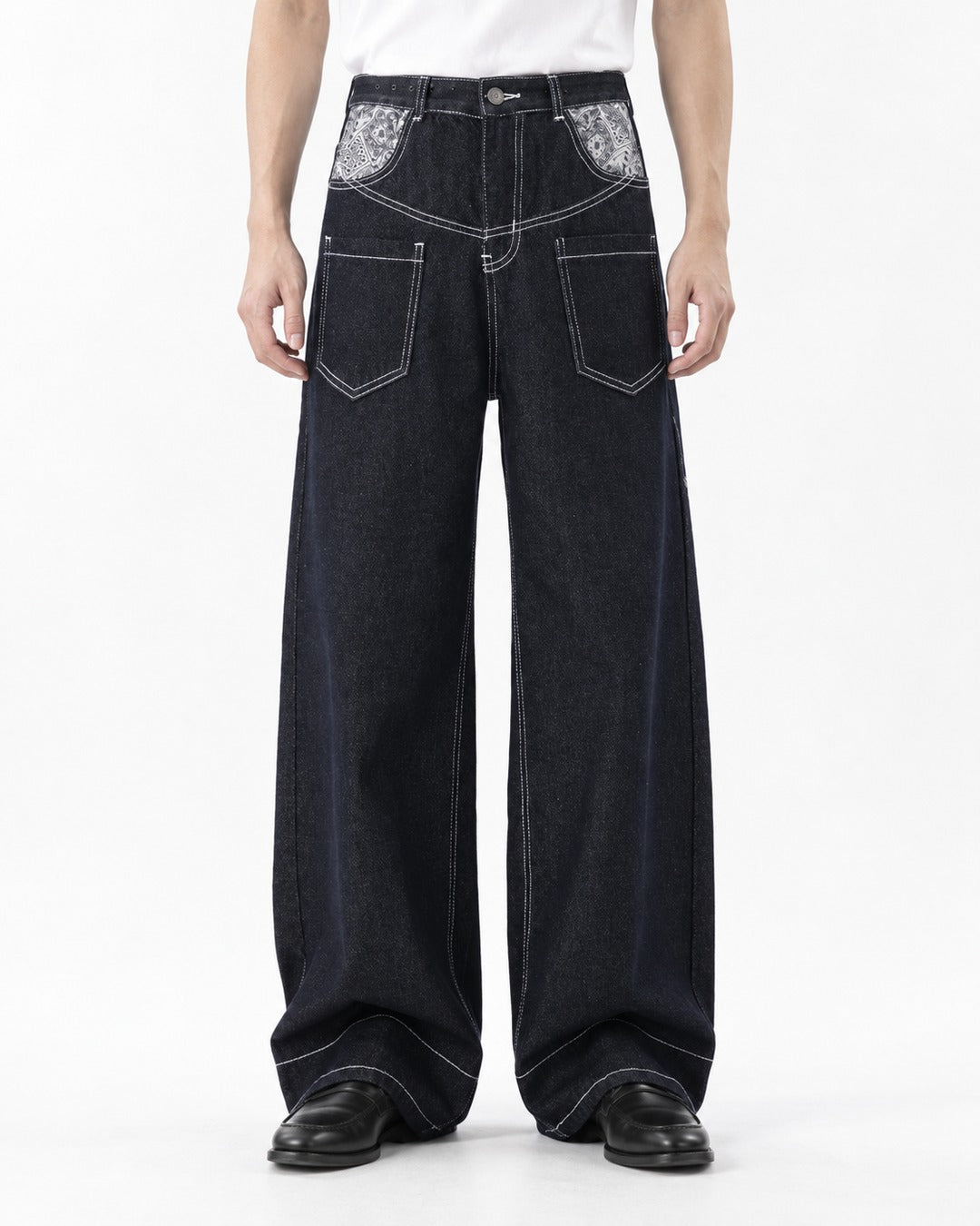 Contrast-Stitch Paisley-Pocket Wide-Leg Pants