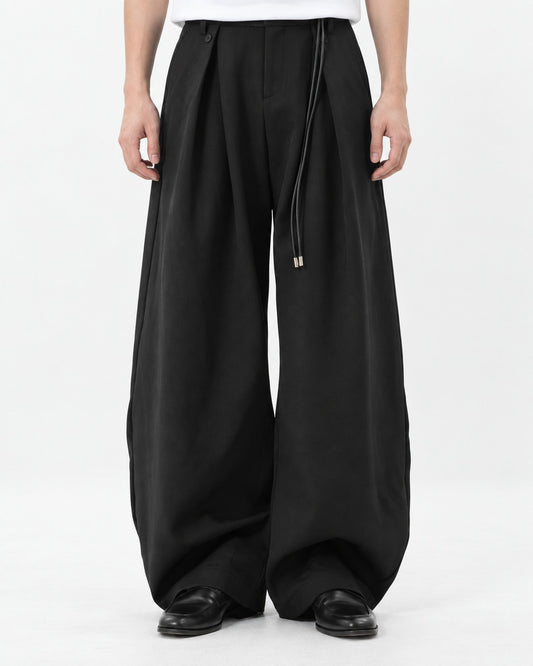 Drawstring Pleated Wide-Leg Trousers