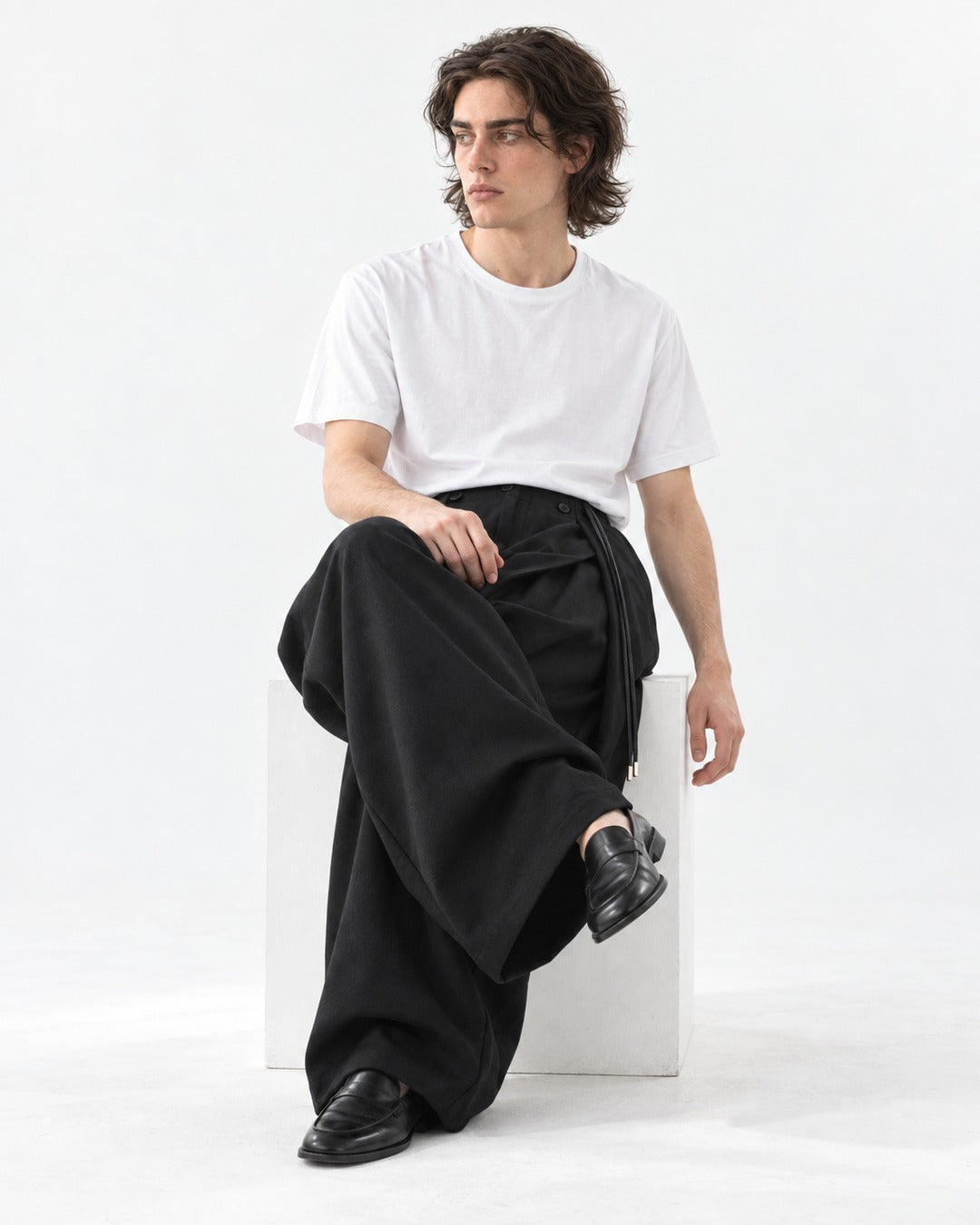 Drawstring Pleated Wide-Leg Trousers