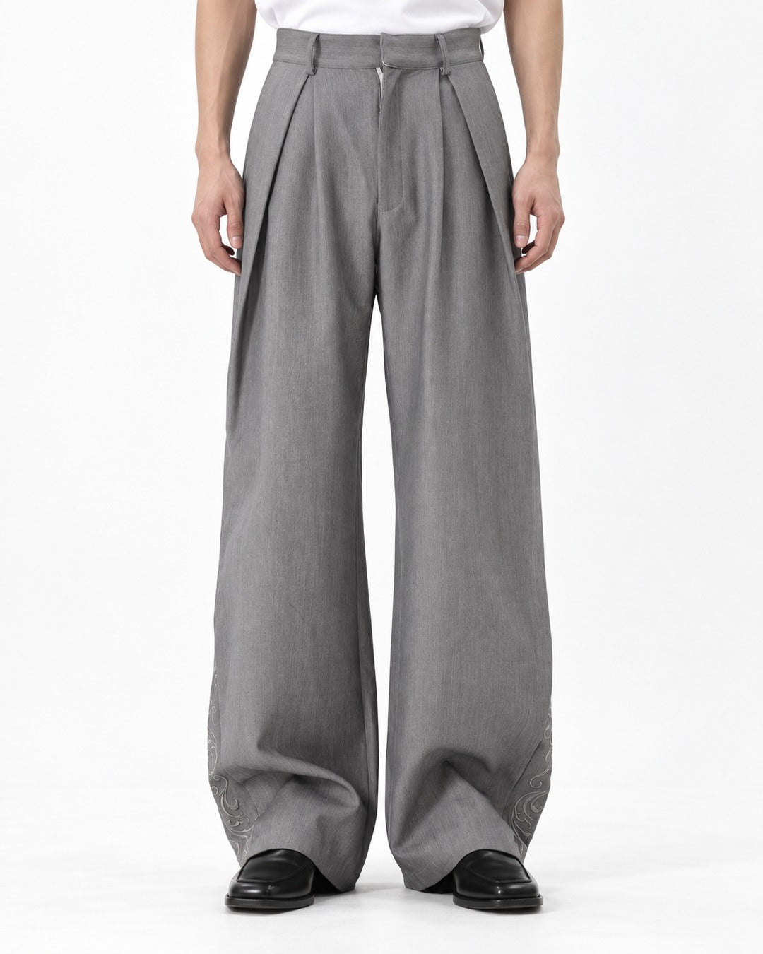 Double Pleat Embroidered Hem Wide-Leg Trousers