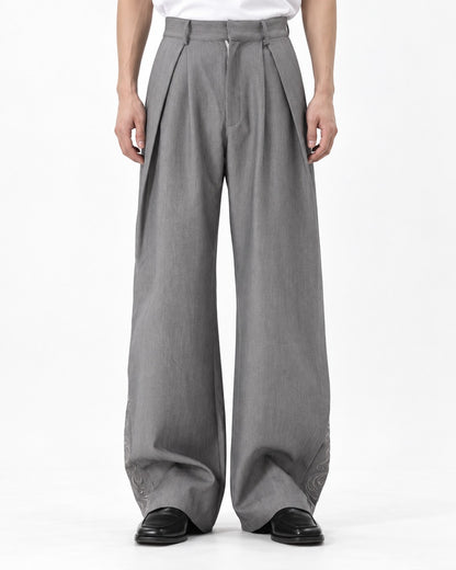 Double Pleat Embroidered Hem Wide-Leg Trousers