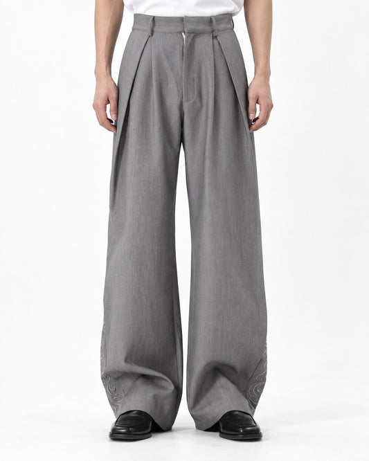 Double Pleat Embroidered Hem Wide-Leg Trousers