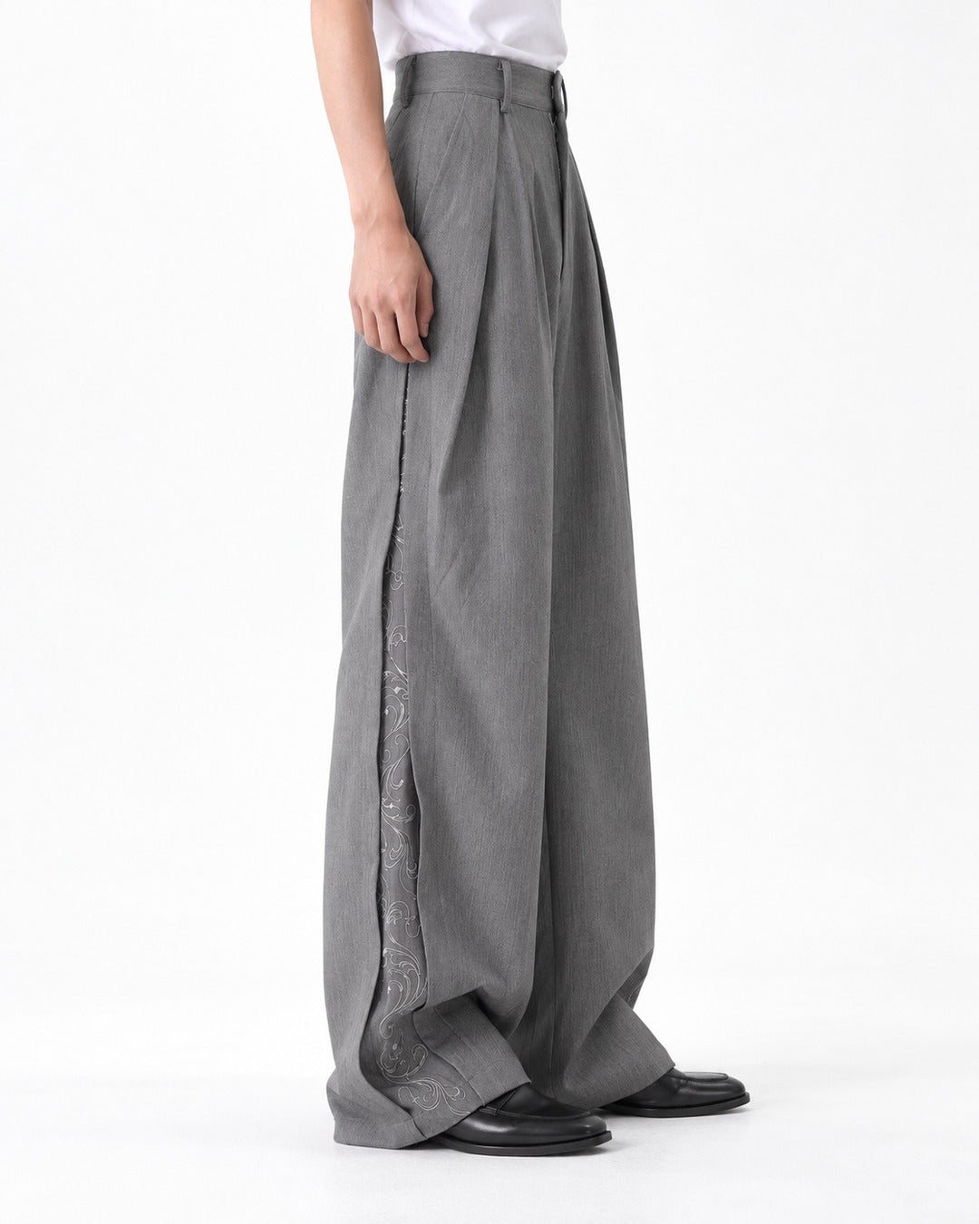 Double Pleat Embroidered Hem Wide-Leg Trousers