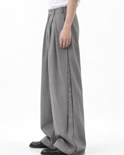 Double Pleat Embroidered Hem Wide-Leg Trousers