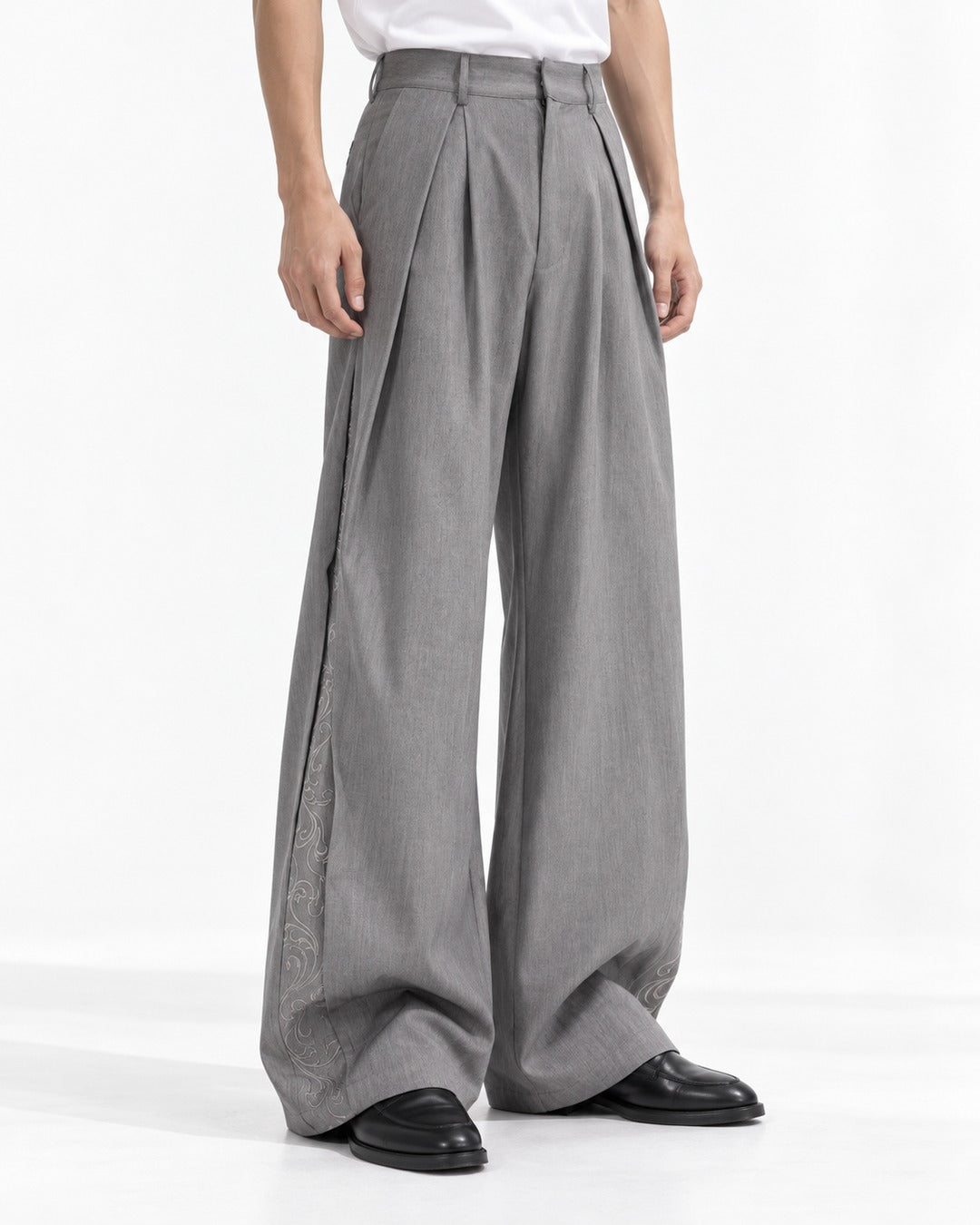 Double Pleat Embroidered Hem Wide-Leg Trousers
