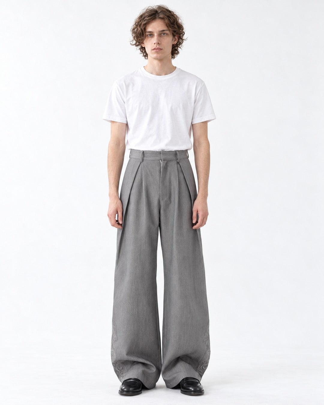 Double Pleat Embroidered Hem Wide-Leg Trousers