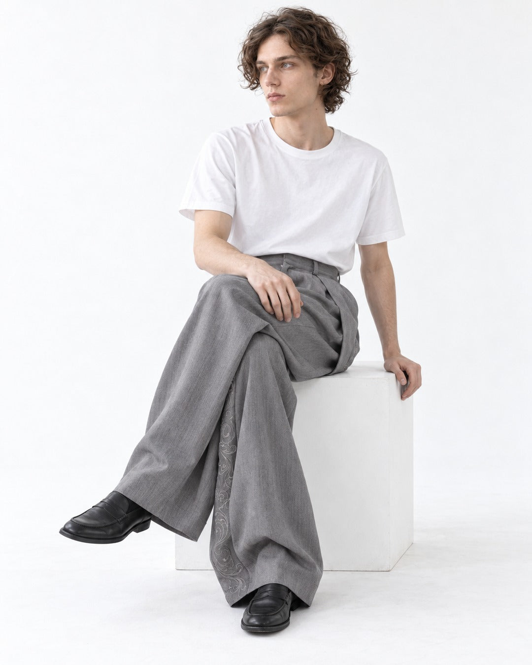 Double Pleat Embroidered Hem Wide-Leg Trousers