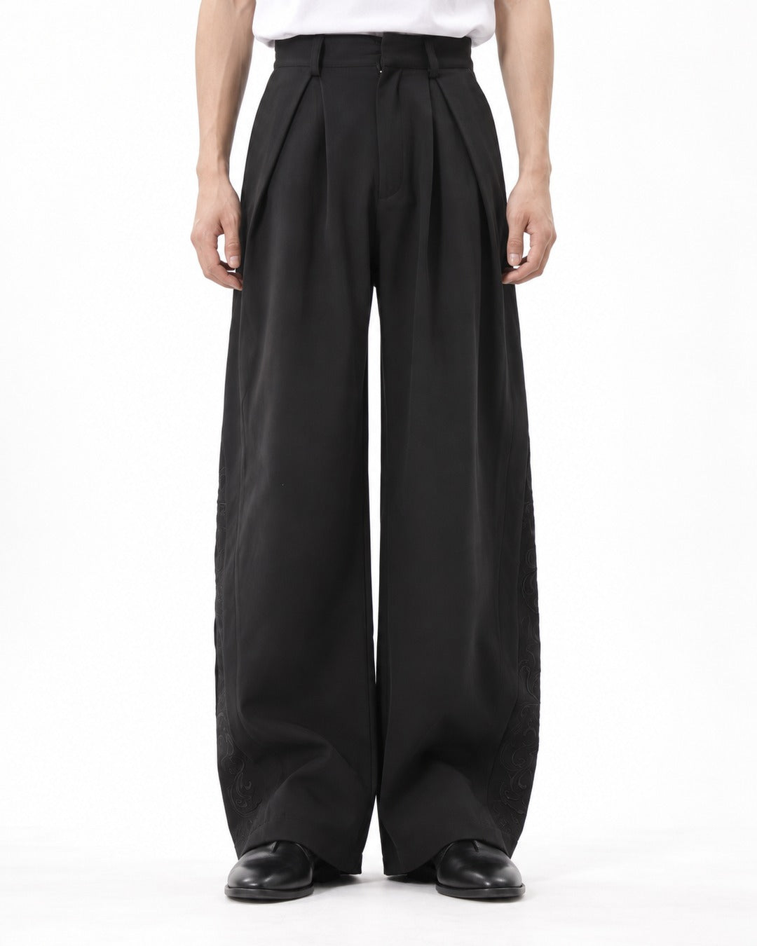 Double Pleat Embroidered Hem Wide-Leg Trousers