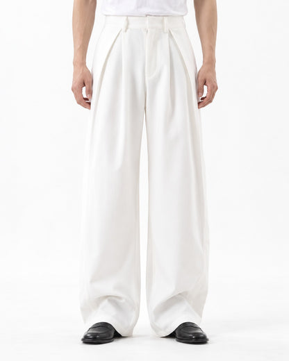 Double Pleat Embroidered Hem Wide-Leg Trousers