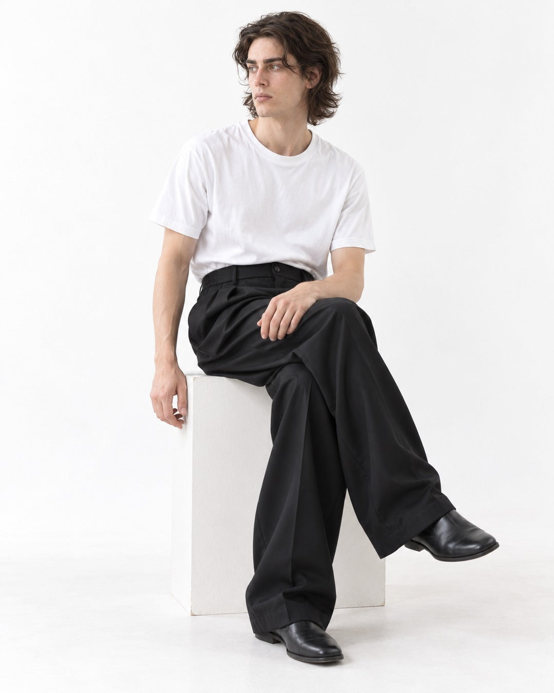 Pleated Wide-Leg Floor-Length Trousers