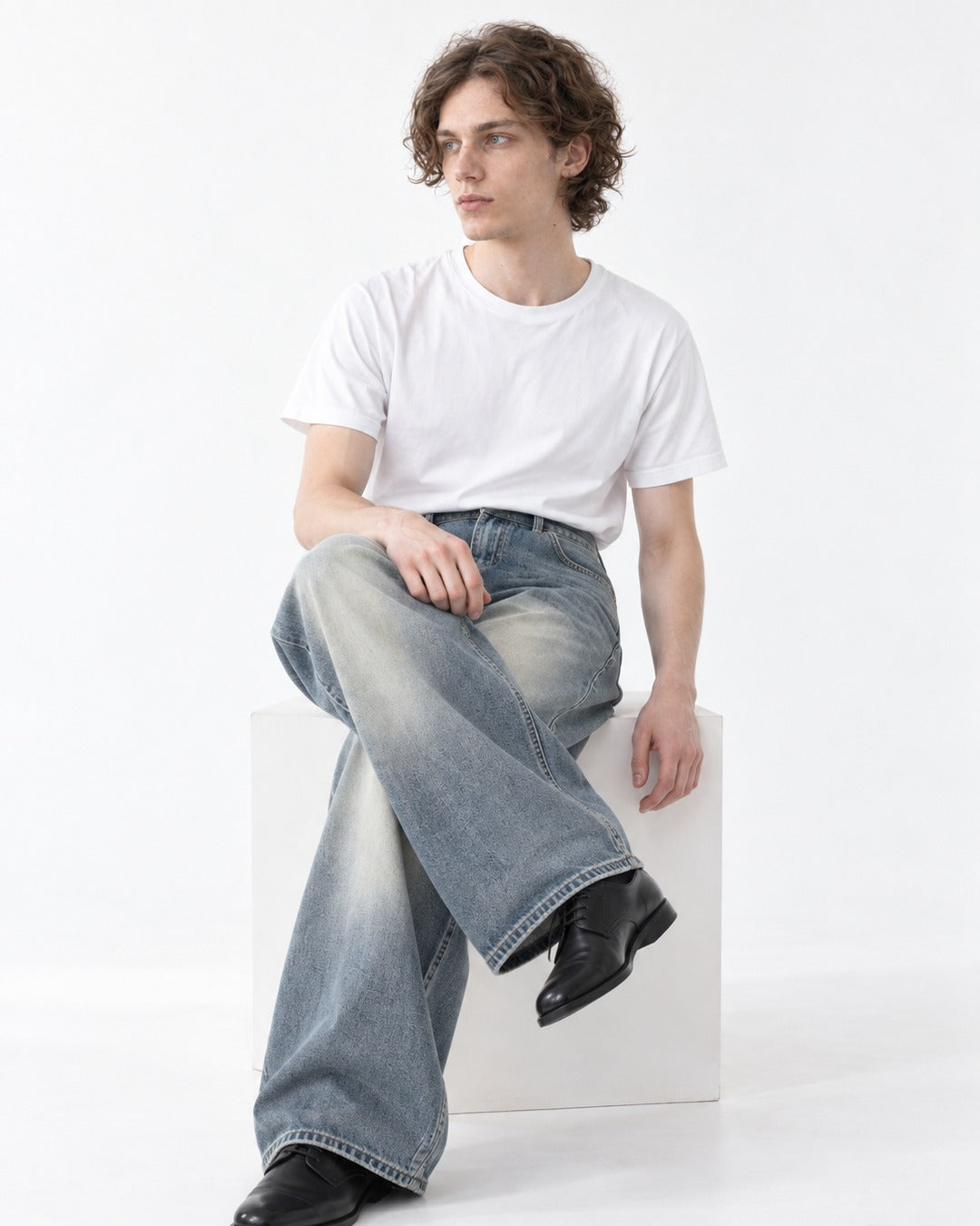 Faded Wide-Leg Denim Jeans