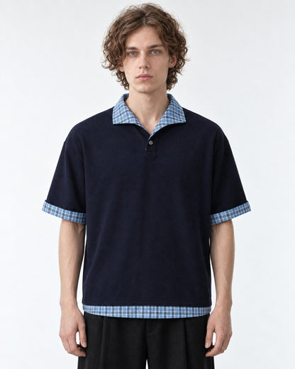 Polo with Plaid Contrast Collar and Cuffs