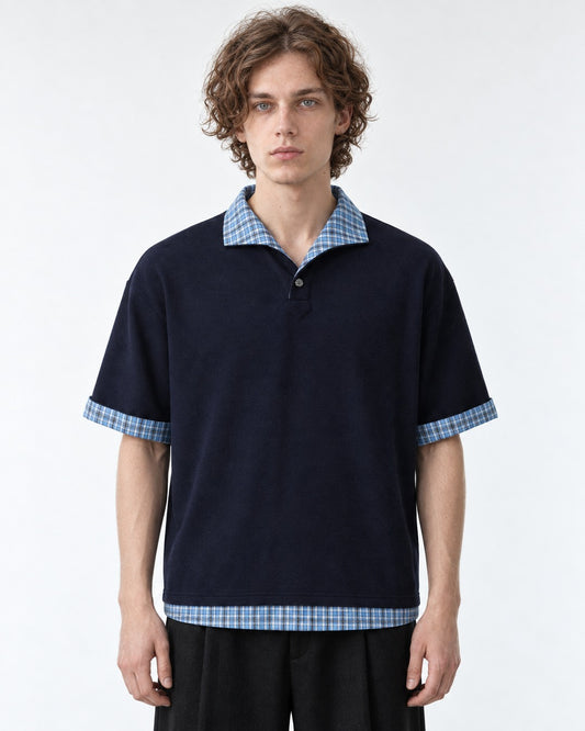 Polo with Plaid Contrast Collar and Cuffs