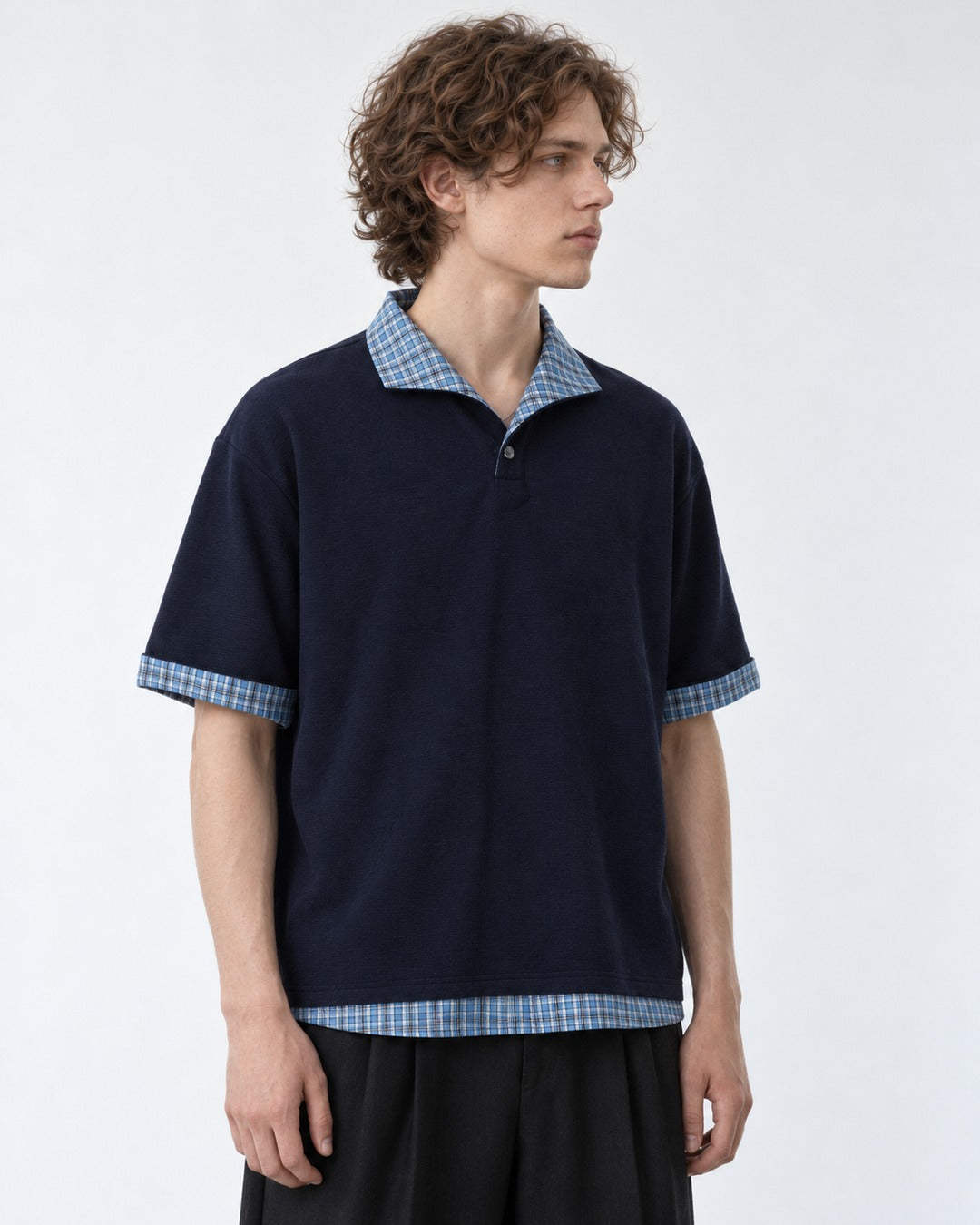 Polo with Plaid Contrast Collar and Cuffs
