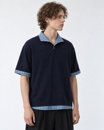Polo with Plaid Contrast Collar and Cuffs