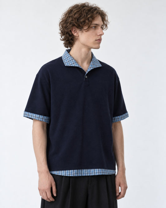 Polo with Plaid Contrast Collar and Cuffs