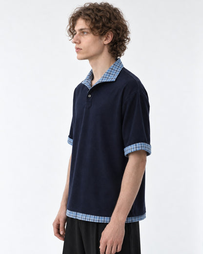 Polo with Plaid Contrast Collar and Cuffs
