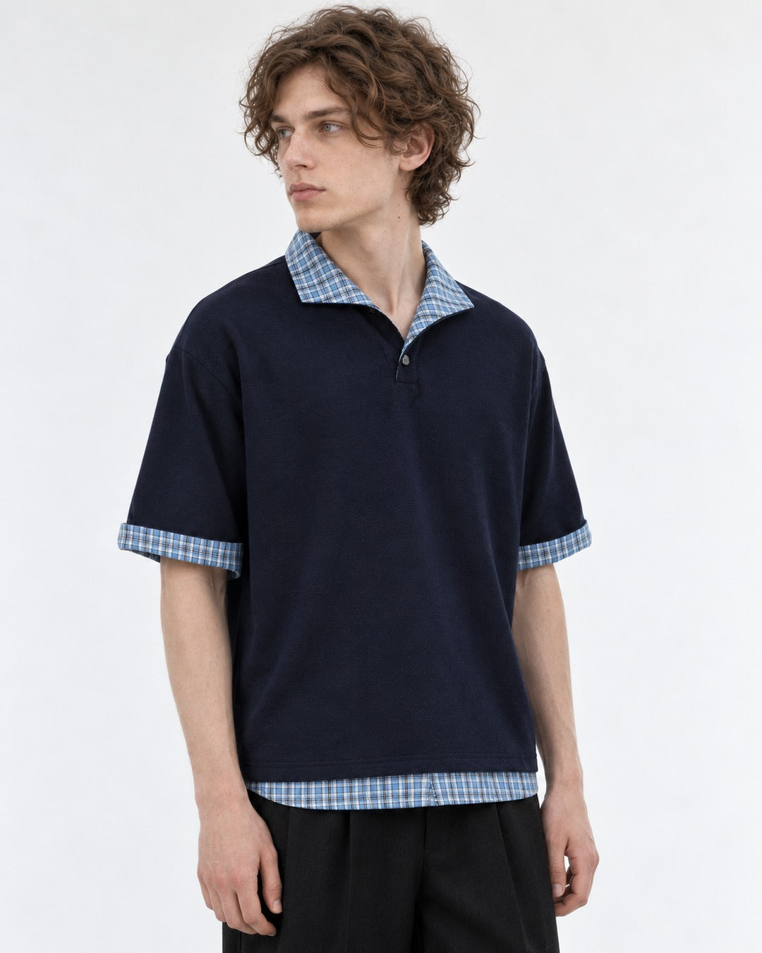 Polo with Plaid Contrast Collar and Cuffs