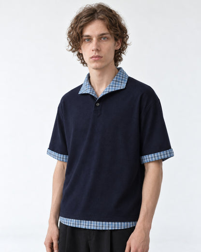 Polo with Plaid Contrast Collar and Cuffs