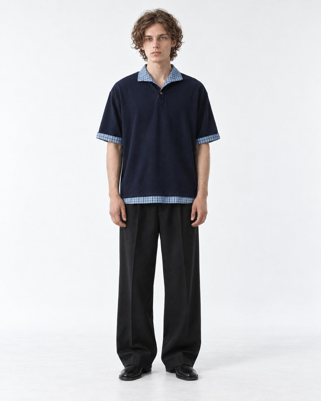 Polo with Plaid Contrast Collar and Cuffs