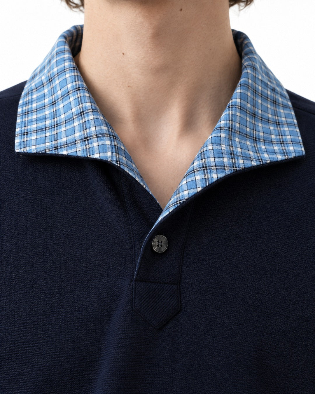 Polo with Plaid Contrast Collar and Cuffs