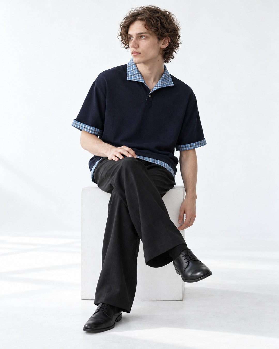 Polo with Plaid Contrast Collar and Cuffs